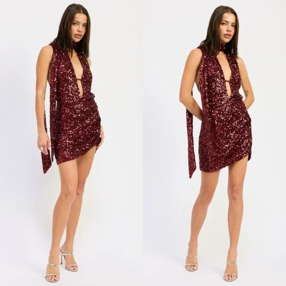 Cherry Bomb Halter Scarf Sequin Mini Dress - Picture 4 of 7